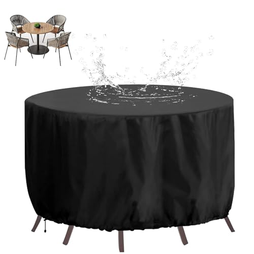 XHBJSH Rund Gartenmöbel Abdeckung 290x120cm Wasserdicht 420D Oxford Runde Patio Möbel Set, Winddicht, UV-beständig Outdoor Terrasse Tisch Und StüHle Abdeckung, Schutzhülle für Gartenmöbel, Schwarz von XHBJSH
