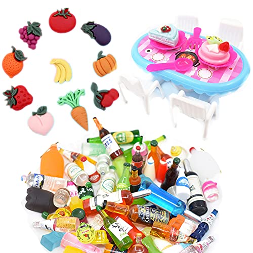 XHBTS 32 Stück Maßstab Miniaturen Puppenhaus Küchenzubehör Enthält 10 Mini Obst Gemüse, 10 Mini Weinflaschen Champagner Tassen, 12 Mini Kuchen Tisch Stuhl Set für Puppenhaus Dekor von XHBTS