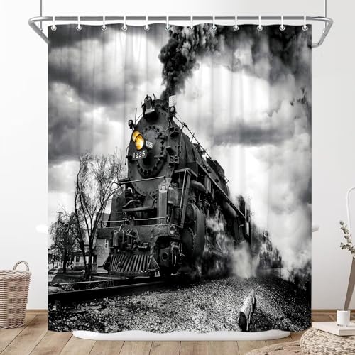 XHCEOH Duschvorhang mit Dampflokomotive, rustikaler alter Zug in Landlokomotiven, Eisenbahn mit Rauchdekor, Stoff mit Haken, 178 x 178 cm (B x H) von XHCEOH