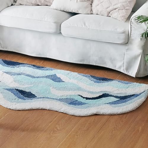 Blauer Wellenteppich Flauschige Teppichmatte Schlafzimmermatte 3D UnregelmäßIger Teppichbereich Moosteppich Rutschfeste FußMatte Teppichmatte füR Wohnzimmer Schlafzimmer(A,70*160cm/28*63in) von XHCTNN