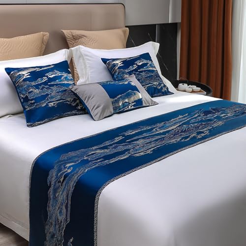 XHCTNN Luxus Jacquard Bett LäUfer Queen Size, 100% Polyester Bettdecken Ende Abdeckung - High Compact Landschaft Einfache Chinesische Stil Landschaft Malerei Bett Schals(Blue,20 * 71inch) von XHCTNN