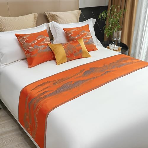 XHCTNN Luxus Jacquard Bett LäUfer Queen Size, 100% Polyester Bettdecken Ende Abdeckung - High Compact Landschaft Einfache Chinesische Stil Landschaft Malerei Bett Schals(Orange,20 * 71inch) von XHCTNN