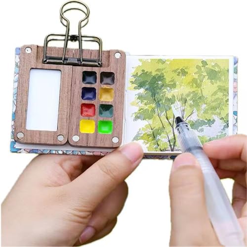 Skizzenbuch aus Holz, Mini-Palette, magnetisch, Reise Aquarellmalerei, Acrylmalerei, Farbschutz mit Deckel und Mischtablett (small Set-Wood) von XHDIGI