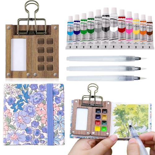 Tragbares Skizzenbuch-Paletten-Set, 8 Fächer, Mini-Holzpalette mit Farben für Aquarell-, Gouache-Acrylmalerei, mit Aquarellpapier, Wasserpinselstiften und einem Clip Tragbares Skizzenbuch-Paletten-Set, 8 Fächer, Mini-Holzpalette mit Farben für Aquarell-, Gouache-Acrylmalerei, mit Aquarellpapier, Wasserpinselstiften und einem Clip von XHDIGI