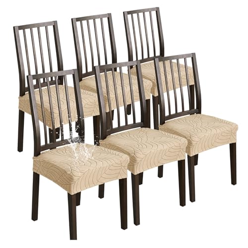 XHDZSW Stuhlsitzbezug wasserdichte, Stretch Abnehmbar Jacquard Esszimmerstuhl Bezug, Waschbar Stuhlbezug Schonbezug Für Esszimmerstühle Küche (Khaki,6er Set) von XHDZSW
