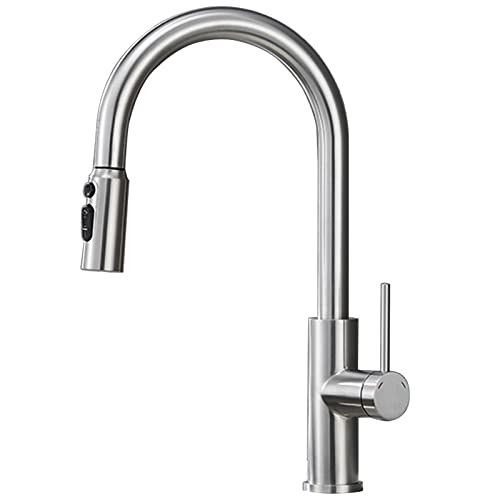 Ausziehbare Küchenarmatur, kommerzielle Hochbogen-Edelstahl-Küchenspüle-Armaturen mit herausziehbarem Sprüher, moderner Einhand-Küchenmischbatterie, Drei-Wasser-Modus, Schwarz (Farbe: Gebürstetes von XHFTFNLTI