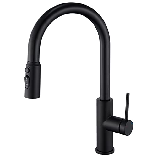 Ausziehbare Küchenarmatur, kommerzielle Hochbogen-Edelstahl-Küchenspüle-Armaturen mit herausziehbarem Sprüher, moderner Einhand-Küchenmischbatterie, Drei-Wasser-Modus, Schwarz (Farbe: Nero) von XHFTFNLTI