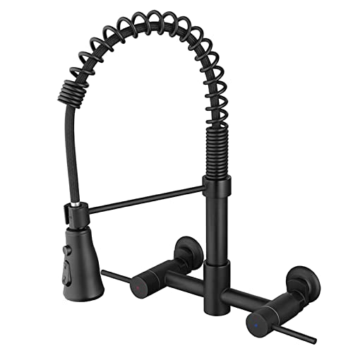 Küchenarmatur, mattschwarz, Doppelloch-Wandhalterung, Feder-Küchenspüle, Wasserhahn mit 3 Modi, herausziehbarer Sprühkopf, 360° drehbar, Messing, heiß und kalt, Küchenarmatur mit 2 Griffen von XHFTFNLTI