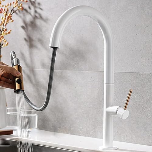 Küchenarmaturen, Messing-Küchenarmatur mit herausziehbarem Sprüher, Einhand-Küchenspüle, ausziehbarer Küchenarmatur, Topffüller, Doppelfunktion-Küchenarmatur für Küchenspüle, Weiß (Colo von XHFTFNLTI