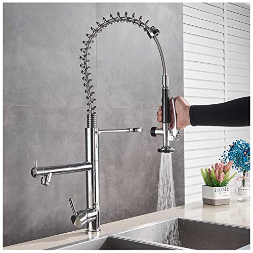 Küchenarmaturen, kommerzielle Küchenspüle aus massivem Messing, Einhebel-Küchenspüle, Küchenarmatur mit herausziehbarem Sprüher, Bifunktionaler Feder-Küchenarmatur für Küchenspüle, Chrom (Farbe: von XHFTFNLTI