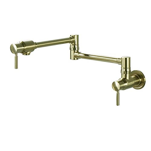 Messing-Küchenarmatur, 360 ° drehbar, klappbarer Topffüller mit Doppelgelenk-Schwenkarmen, wandmontierter einzelner kalter Küchenspüle-Wasserhahn mit 2 Griffen, Chrom (Farbe: gebürstetes Gold) von XHFTFNLTI