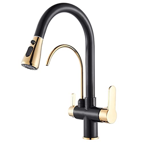 Schwarz Gold Küchenarmatur mit Trinkwasserhahn, 360° schwenkbar Doppelfunktion Pull Down Küchenspüle Wasserhahn, Messing Kalt- und Warmwasser Küchenarmatur mit 2 Griffen von XHFTFNLTI
