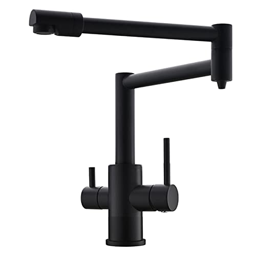 Schwarze Küchenspüle Wasserhahn mit Trinkwasserhahn, klappbarer einziehbarer Topffüller Wasserhahn mit doppeltem Schwenkarm, Messing Doppelgriff, Warm- und Kaltwasser-Küchenmischbatterie, hoch (Farbe von XHFTFNLTI