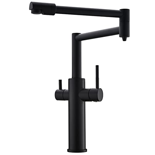 Schwarze Küchenspüle Wasserhahn mit Trinkwasserhahn, klappbarer einziehbarer Topffüller Wasserhahn mit doppeltem Schwenkarm, Messing Doppelgriff, Warm- und Kaltwasser-Küchenmischbatterie, hoch (Farbe von XHFTFNLTI