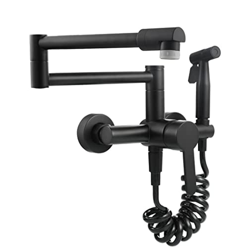 Schwarzer Topffüller Küchenarmatur mit Sprüher, Messing Klappbare Küchenspüle Wasserhahn mit Dual-Modus-Auslauf, Einhebel-Einhebel-Wandmontage, Küchenarmatur mit Schwenkarm von XHFTFNLTI