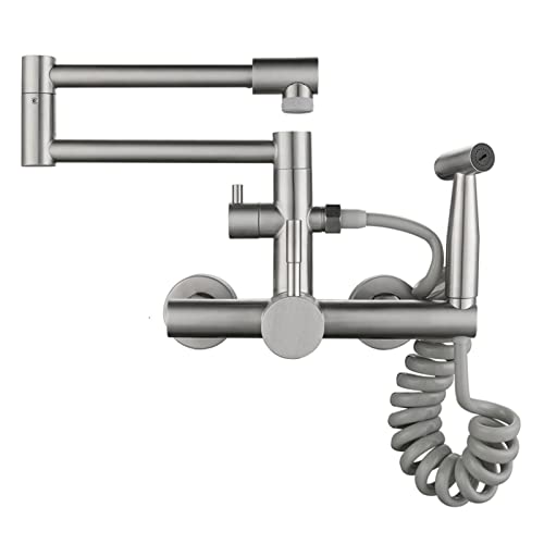 Topffüller Küchenarmatur mit Seitensprüher Wandmontage, zusammenklappbare Küchenspüle Wasserhahn mit Dual-Modus-Auslauf, moderner gebürsteter Edelstahl-Küchenmischbatterie von XHFTFNLTI