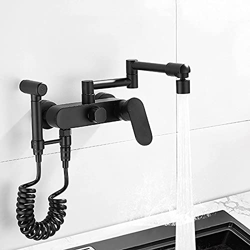 Wandmontierte Küchenspüle, mattschwarzer Topffüller Wasserhahn mit Sprüher, Messing Einhandgriff, einziehbare Heiß-Kaltwasserarmatur mit 2 Modi, Schwenkauslauf von XHFTFNLTI
