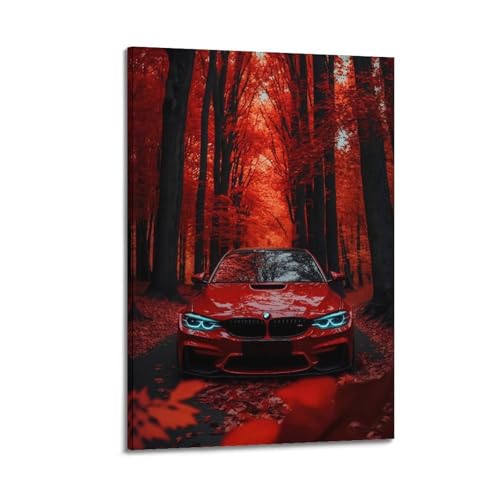 XHHOKA Rotes Sportwagen-Poster, M4 Coupé fährt durch intensiven Herbstlaubtunnel, dekorative Leinwand, Wand- und Kunstposter, Gemälde, 30 x 45 cm von XHHOKA