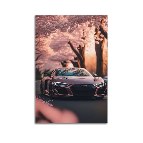XHHOKA Sportwagen-Artwork R8 im Sakura-Garten mit dynamischem Geschwindigkeits-Design, dekorative Leinwand, Wand- und Kunstposter, Gemälde, 30 x 45 cm von XHHOKA
