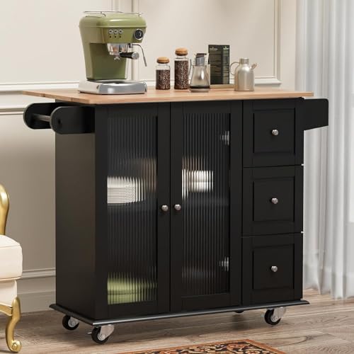 XHKJGS Mobile Kücheninsel mit Holzoberteil und Drop Leaf Breakfast Bar und Handtuchständer 45 "Breite von XHKJGS