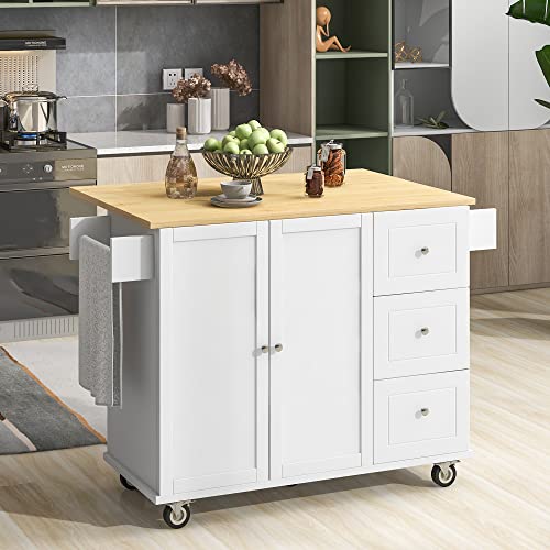 XHKJGS Mobile Kücheninselwagen mit Holztischtuchblatttuchstange 3 Schubladen Doppeltüren Schrank Rolling Sideboard Aufbewahrung (weiß) von XHKJGS