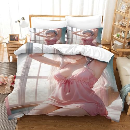 XHSMSHWY Anime Girl Bettbezug Set Bettwäschegarnitur Für Kinder Mädchen Jungen 3D Gedruckter Bettwäsche Und Kissenbezüge Weich Microfaser Reissverschluss 3 Teilig King（220x240cm） von XHSMSHWY