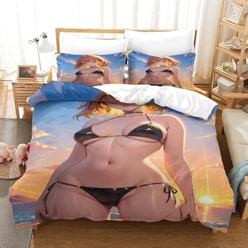 XHSMSHWY Anime Girl Bettwäschegarnitur Bettbezug Set 3D Gedruckter Mädchen Junge Kinder Bettwäsche Weich Microfaser Und Kissenbezüge Reissverschluss 3 Teilig King（220x240cm） von XHSMSHWY