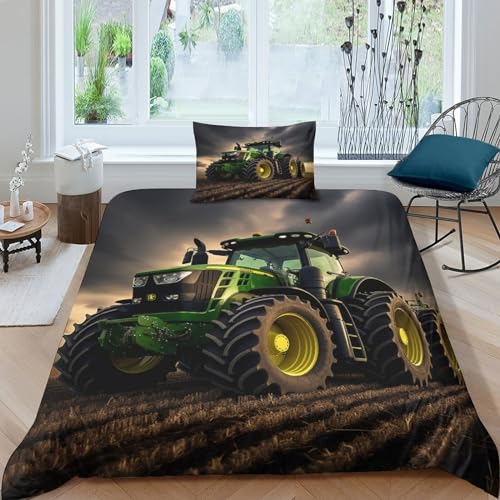 XHSMSHWY Grüner Traktor Mädchen Junge Kinder Bettwäschegarnitur 3D Gedruckter Farmfahrzeug Bettbezug Set Und Kissenbezüge Reissverschluss Bettwäsche Weich Microfaser 3 Teilig Single（135x200cm） von XHSMSHWY