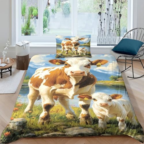 XHSMSHWY Kuh 3D Gedruckter Grünlandrinder Mädchen Junge Kinder Bettwäschegarnitur Bettbezug Set Und Kissenbezüge Bettwäsche Reissverschluss Weich Microfaser 3 Teilig Single（135x200cm） von XHSMSHWY