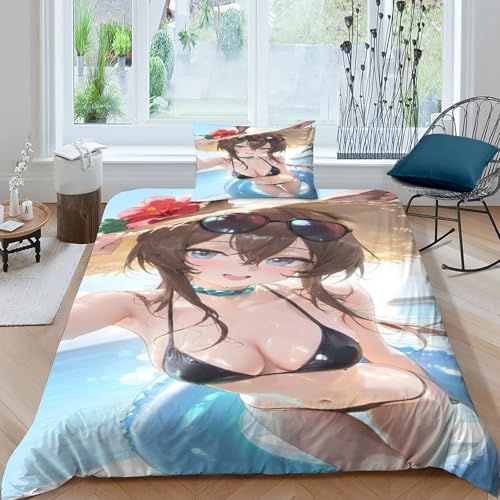 XHSMSHWY Sexy Anime 3D Gedruckter Anime Mädchen Bettwäschegarnitur Mädchen Junge Kinder Bettbezug Set Reissverschluss Weich Microfaser Und Kissenbezüge Bettwäsche 3 Teilig Single（135x200cm） von XHSMSHWY