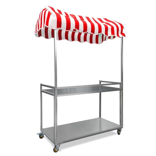 XHSMYXGS Portable Marktstände Ausstellungsstand, mobiler Verkaufswagen im Freien mit gestreiftem Sonnendach, Faltbarer Verkaufsstandwagen mit 2-stufigem Lagerdisplay. (Red) von XHSMYXGS