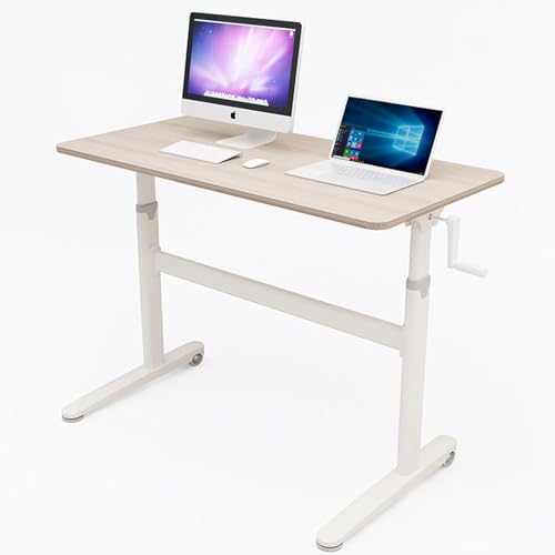 XHSMYXGS Stehpult Höhenverstellbare manuelle Kurbel, Verstellbarer Sitz-zu-Steh-Schreibtisch-Arbeitsplatz, für Home Office mit Kabelloch und verstellbarem Fuß (Beige 120x60cm) von XHSMYXGS
