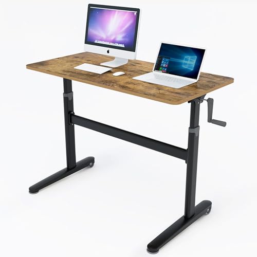 XHSMYXGS Stehpult Höhenverstellbare manuelle Kurbel, Verstellbarer Sitz-zu-Steh-Schreibtisch-Arbeitsplatz, für Home Office mit Kabelloch und verstellbarem Fuß (Brown 140x60cm) von XHSMYXGS
