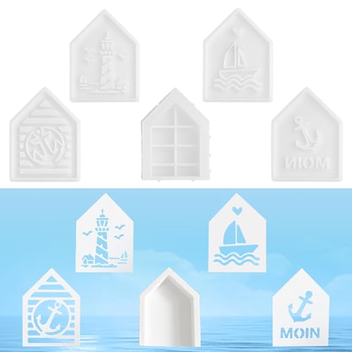 XHYASD 5 Stück Silikonformen Gießformen Häuser, 3D Mini Silikonform Haus, DIY Silikon Gießform Haus Leuchtturm, Maritim Anker, für Seife Gips Harz von XHYASD