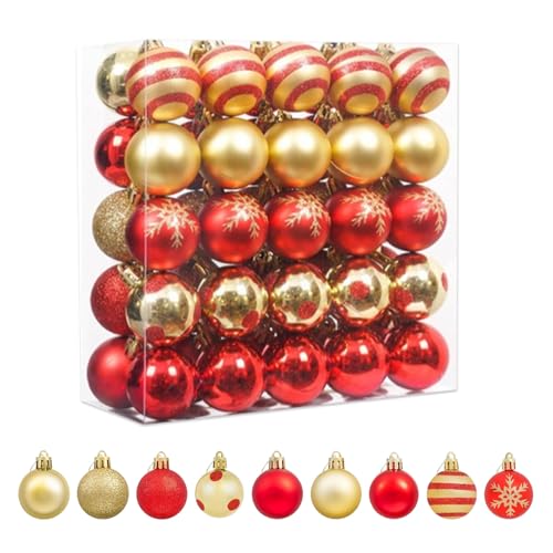 XHYASD 50 Stück Weihnachtsbaum Kugeln Set, Ø 4cm Christbaumkugeln Kunststoff mit Aufhänger, Bruchsicher Mini Weihnachtskugeln für Weihnachtsbaumschmuck (Rot und Gold) von XHYASD