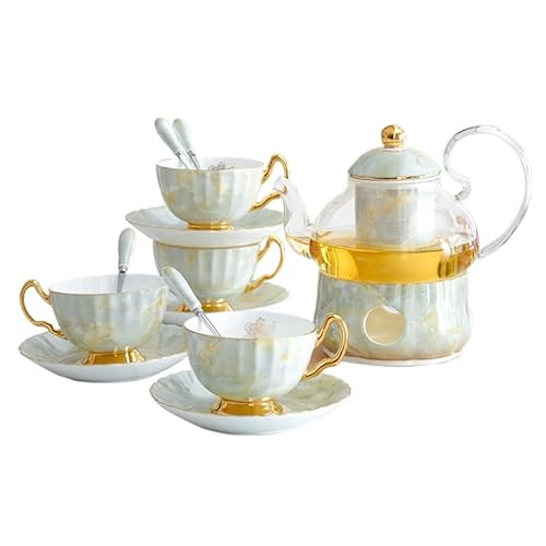 XHZMDWOU Teeservice für Familien 13 Piece Ceramics Tea Set with Tray Coffee Set Candle Heating Glass Teapot Coffee Set Afternoon Teacup and Saucer Set Vintage Tee Services Set(A- Grey) von XHZMDWOU