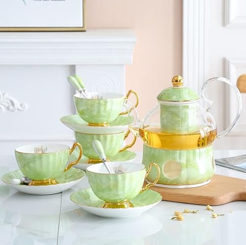 XHZMDWOU Teeservice für Familien 13 Piece Ceramics Tea Set with Tray Coffee Set Candle Heating Glass Teapot Coffee Set Afternoon Teacup and Saucer Set Vintage Tee Services Set(Grün) von XHZMDWOU