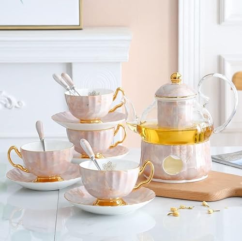 XHZMDWOU Teeservice für Familien 13 Piece Ceramics Tea Set with Tray Coffee Set Candle Heating Glass Teapot Coffee Set Afternoon Teacup and Saucer Set Vintage Tee Services Set(Pink) von XHZMDWOU