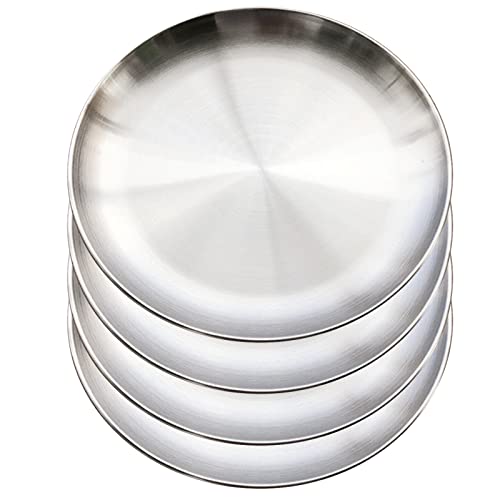 XIACIBDUS 4 Edelstahl runden Geschirr, Barbecue Dish, Kuchenform, Tablett, Oval Platter, Fleisch Dish, Reisplatte, Oval Platten Retro Matte runde Servierplatte Silber Unterteller von XIACIBDUS