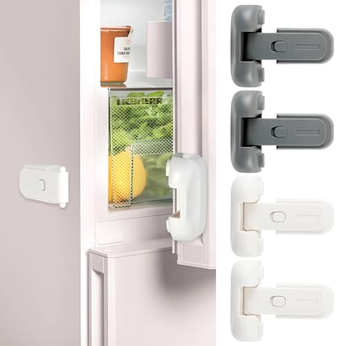 XIACIBDUS 4 Stück Baby Sicherheit Kühlschrank Schloss,Kindersicherung Schrank, Kindersicher Kühlschrank Gefrierschrank Türschloss für Kühlschränke,Schränke, Kleiderschränke (weiß und grau) von XIACIBDUS