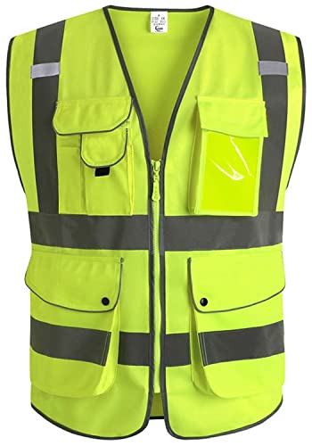 XIAKE Unisex 9 Taschen Warnweste Hohe Sichtbarkeit Weste Reflektierende EN ISO 20471 Standards mit Reißverschluss Gelb S von XIAKE