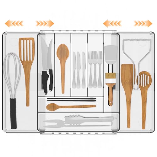 Ausziehbarer Besteckhalter für Schubladen, Besteckkasten, verstellbarer Besteckorganizer für Küchenschubladen, Kunststoffhalter für Besteck, Löffel und Gabeln (Clear, Medium) von XIALISW