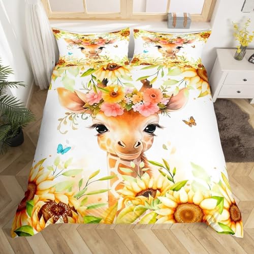 Giraffe BettwäSche 155x220 Blumen Muster Wende BettwäSche-Sets Microfaser Bettbezug & 2 Kissenbezug 80x80 mit Reißverschluss, Weich & Bügelfrei, Als Ganzjahres-Bettwäsche Geeignet von XIAMANG