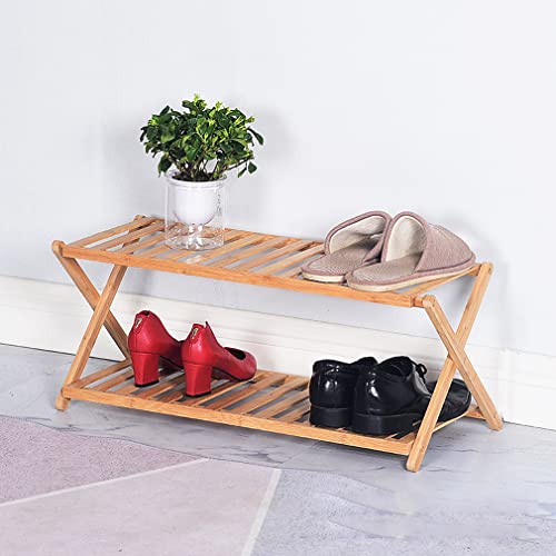 XIANGLV Bambus Schuhregal Klein, 2 Ebenen Faltbares Schuhregal Holz, Ohne Installation Mini Schuhregal Perfekt für Flur, Schlafzimmer und kleine Räume, Lager 80bl (Holz, 2 Ebenen) von XIANGLV