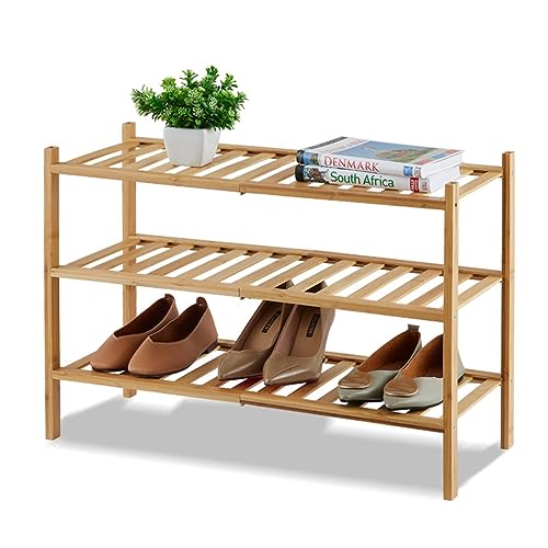 XIANGLV Schuhregal mit 3 Ablagefächern Schuhschrank Bambusregal Standregal platzsparend Küchenregal Wohnzimmerregal 68x28x46 cm, Naturfarben von XIANGLV