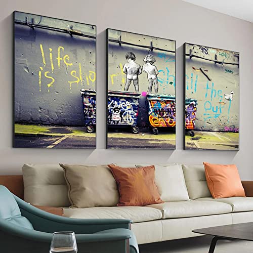 3 Panels Street Banksy Kunst Leinwand Malerei Graffiti Pinkeln Kind Wandkunst Poster und Drucke Moderne Bilder für Wohnkultur 50x70cm (20x28in) x3 Innenrahmen von XIANGPEIFBH