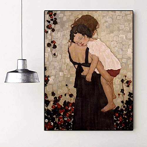 A Mother Holding A Child Von Gustav Klimt Leinwand Gemälde Poster und Drucke Wandkunst Bilder für Wohnzimmer Dekor 50x70cm (20x28inch) Innenrahmen von XIANGPEIFBH