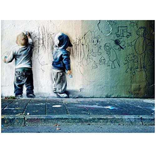 Abstrakte Banksy Graffiti Kunst Kinder Jungen Sparring Scrawl Art Poster und Druck Leinwanddruck Wandbilder für Wohnzimmer 70x105cm (28x41inch) Innenrahmen von XIANGPEIFBH