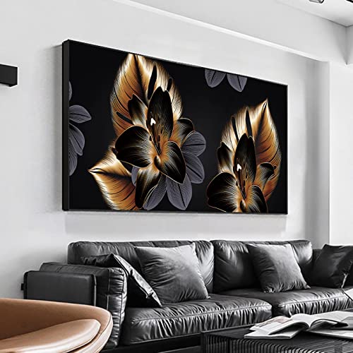 Abstrakte Grau Schwarz Gold Blätter Leinwand Malerei Moderne Nordische Pflanzen Poster Und Drucke Wandkunst Bild Dekoration 70x140cm(28''x55') Innenrahmen von XIANGPEIFBH