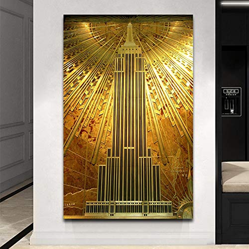 Abstrakte Wandkunst Gold Empire State Building Poster Art Deco Leinwand Gemälde Drucke Poster Wandkunst Bilder für Wohnzimmer 50x75cm(20x30in) Innenrahmen von XIANGPEIFBH